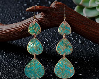 Patina Hummingbird Copper Drop Earrings: Graduated 3-Tier Verdigris Etched Teardrops