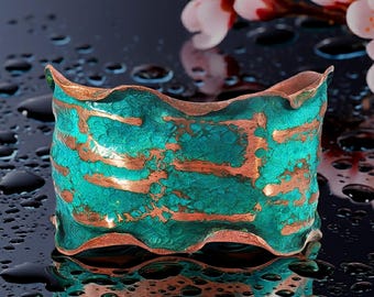 Copper Cuff Bracelet: Verdigris Patina - Crumpled Foil, Torn Edge