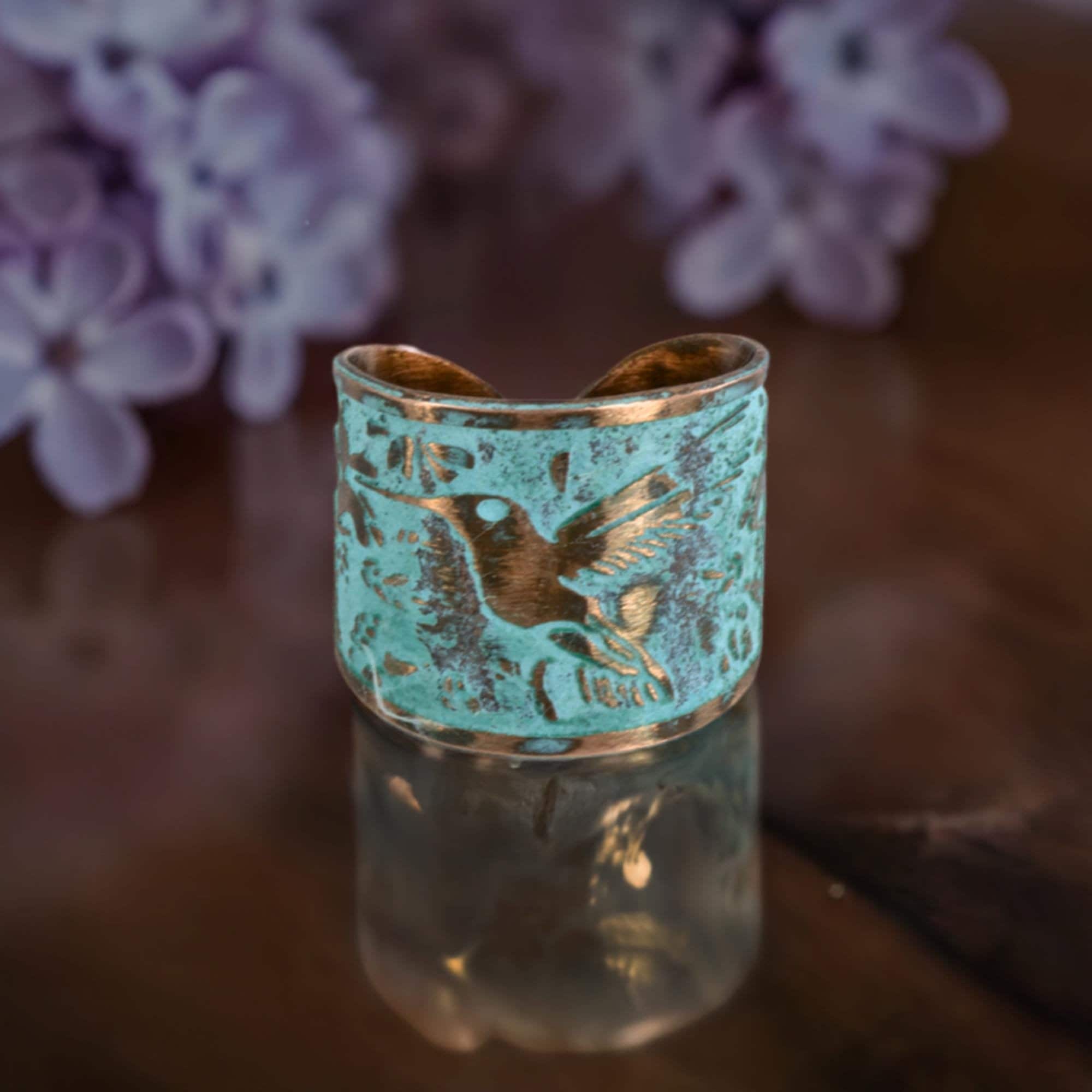 Solid Copper Hummingbird Cuff Ring - LIGHT Verdigris Rustic Patina Hummingbird & Floral Design - Luxury FLAT Tapered Shape