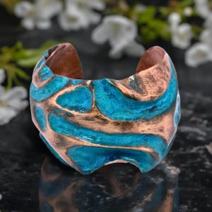 Wide Crumpled Copper Cuff Bracelet: Verdigris Patina, Adjustable