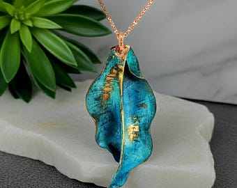 Large Patina Leaf Pendant: Handmade Copper Jewelry (22-inch Copper Rolo Chain)
