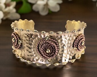 Solid Brass Cutout Cuff Bracelet Pansy Flower Design, Luxury Polished Brass Cuff