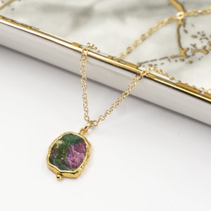 Handmade Ruby Zoisite Gemstone Pendant, Minimalist Gemstone Necklace, Gemstone Pendant, Dainty Gemstone Necklace, 14K Gold Filled Chain
