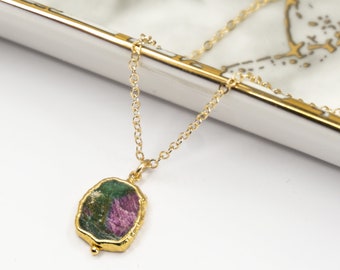 Handmade Ruby Zoisite Gemstone Pendant, Minimalist Gemstone Necklace, Gemstone Pendant, Dainty Gemstone Necklace, 14K Gold Filled Chain