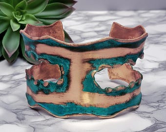 Verdigris Patina Copper Cuff Bracelet: Asymmetrical Cutouts, Adjustable