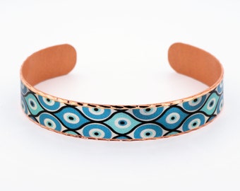 EVIL EYE Bracelet, Blue Bracelet, Art Bracelet, Handcrafted Copper Bracelet Pure Copper & Colorful Artwork, Adjustable Copper Bracelet