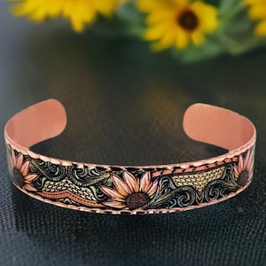 Western SUNFLOWERS Cuff Bracelet, Native Art Bracelet, Sunflower Jewelry, Floral Copper Art Cuff, Western Jewelry, Handmade Copper Cuff image 5