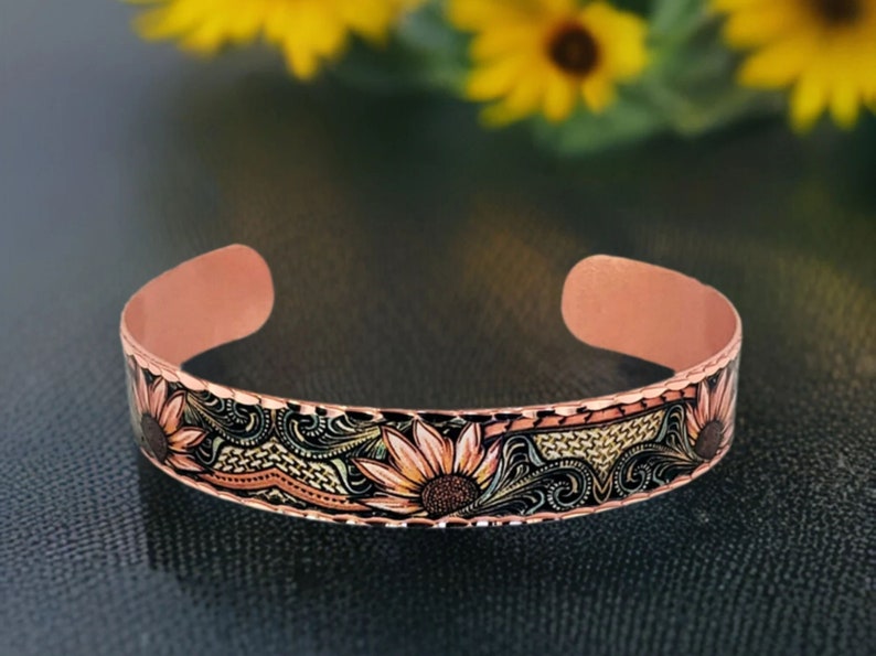 Western SUNFLOWERS Cuff Bracelet, Native Art Bracelet, Sunflower Jewelry, Floral Copper Art Cuff, Western Jewelry, Handmade Copper Cuff image 5