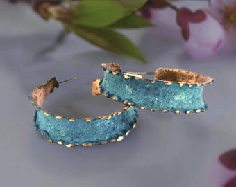 Boho Copper Hoop Earrings, Verdigris Patina (5/8 Inch Diameter)
