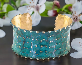 Solid Brass Statement Cuff Bracelet With Fluted Edges, Luxury Verdigris Patina Hammered Brass Cuff Concave Design, Fancy Brass Cuff