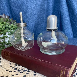 Vintage glazen alcoholbranderlamp: HR Berger Octagonal of Wheaton Round