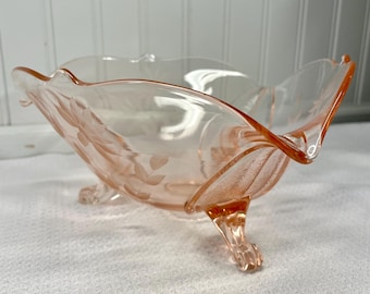 Antique Lancaster Jubilee 3 footed pink depression glass etched 8" serving bowl dish