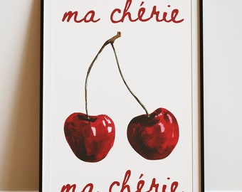 Ma Cherie Cherry Wall Art, Cute Red Cherries Poster, Coquette French, Sweet, Kitchen Decor, Bedroom Dorm Print, Digital Download, Printable