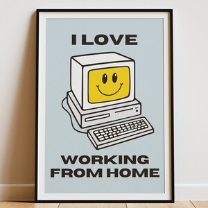 Work From Home Poster, Funny Wall Art, I Love WFH Print, Computer Smiley Digital Art, Instant Download, Keyboard, Mouse, PC, Monitor