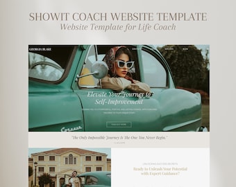 May include: A website template for life coaches, featuring a woman driving a vintage car with the text "Elevate Your Journey to Self-Improvement" and "The Only Impossible Journey Is The One You Never Begin."