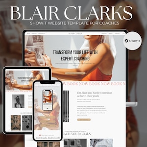 May include: A website template for coaches, featuring a woman in a red tank top and a laptop screen displaying the text "Transform your life with expert coaching". The website is built on the Showit platform.