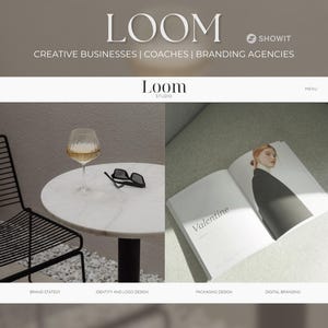 May include: A website homepage for Loom Studio, a branding agency that offers services such as brand strategy, identity and logo design, packaging design, and digital branding. The website features a minimalist design with a white background and black text. The image shows a glass of wine on a white marble table, a magazine with the word "Valentine" on the cover, and a black metal chair.