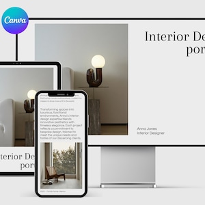 Modelo de site de design de interiores Canva, página de destino, portfólio, site de uma página, modelo de design de interiores Canva, site para designers