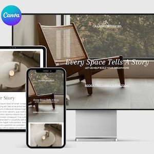 Plantilla de sitio web de diseño de interiores para Canva, página de destino, cartera de diseño de interiores, sitio web de una página, plantilla de sitio web de Canva, sitio web de Canva