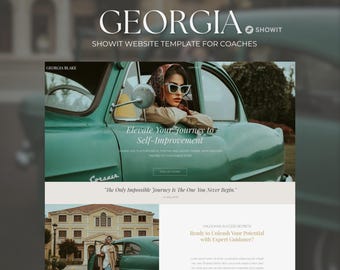 May include: A website template for coaches, featuring a green vintage car with a woman in sunglasses driving. The text "Elevate Your Journey to Self-Improvement" is displayed on the website. The website is designed using the Showit platform.