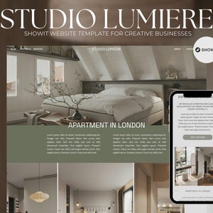May include: A website template for creative businesses, featuring a modern apartment interior with a bed, a plant, and a wooden table. The website is designed using the Showit platform.