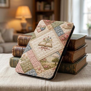 May include: A quilted tablet case with a patchwork design in pastel colors. The case features a central square with an embroidered open book and floral arrangement. Other squares include hearts, teacups, and floral patterns. The case is resting on a stack of antique books.