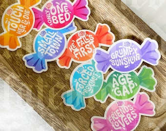 Trope Candy | Bookish Sticker | Kindle Sticker | Age Gap | Friends to Lovers | One Bed | Small Town | Grumpy Sunshine | He Falls First