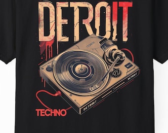 Detroit Techno DJ Turntable T-Shirt, Garment-Dyed Music Lover Tee