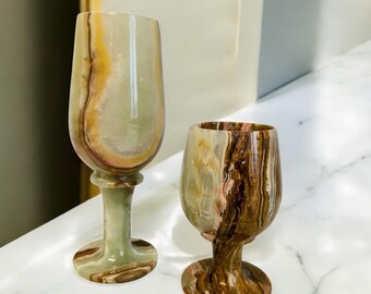 Handcrafted Banded Onyx Goblets: Elegant Stone Drinkware, Set of 2