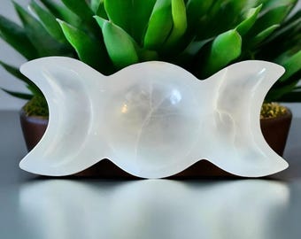Selenite Triple Moon Bowl: Handcrafted Crystal Charging Dish (8.5 Inches)