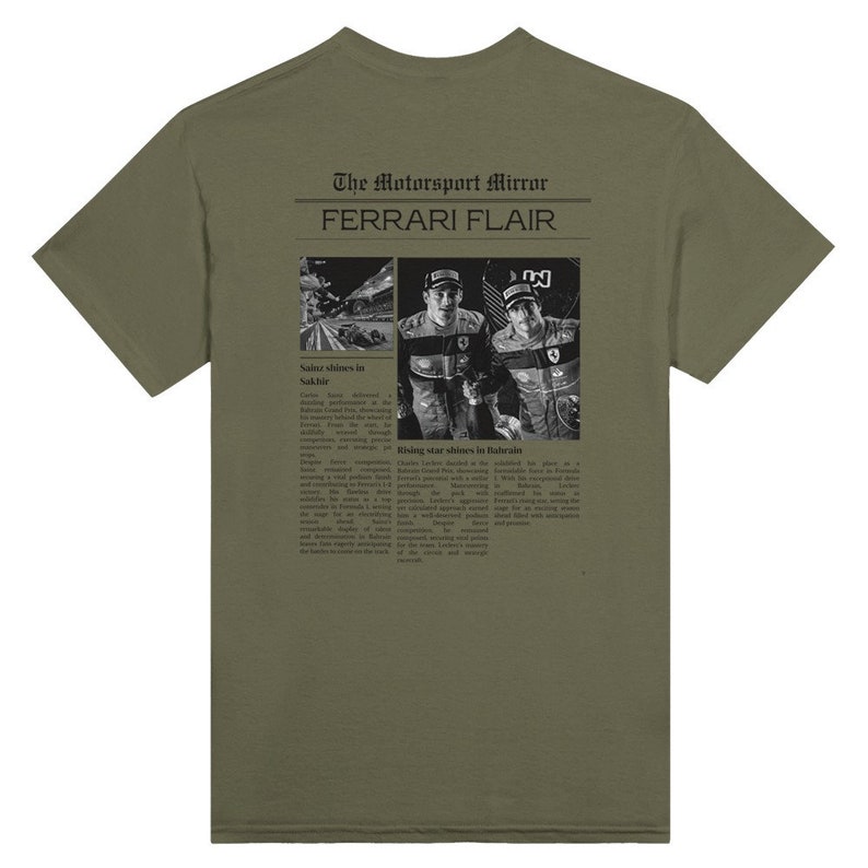 A Ferrari Newspaper-style graphic design at the back of the t-shirt, with the words Ferrari Flair at the back of the merchandise. Printed on a military green colored T-shirt.