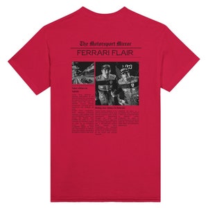 A Ferrari Newspaper-style graphic design at the back of the t-shirt, with the words Ferrari Flair at the back of the merchandise. Printed on a red colored T-shirt.