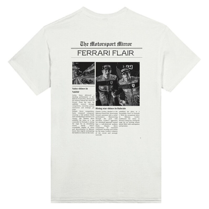 A Ferrari Newspaper-style graphic design at the back of the t-shirt, with the words Ferrari Flair at the back of the merchandise. Printed on a white colored T-shirt.