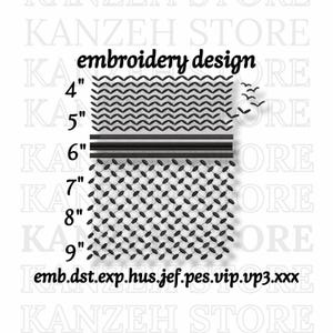 May include: Black and white embroidery design with the text "embroidery design". The design includes various patterns, including zigzags, stripes, and a diamond-shaped pattern. Measurements are indicated in inches.