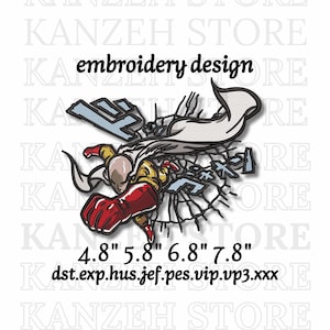 May include: Embroidery design featuring a superhero in a dynamic pose, with a red and yellow suit, white cape, and a powerful punch. The design includes the text "embroidery design" and size options: 4.8", 5.8", 6.8", and 7.8".