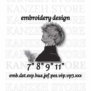 May include: Black and white embroidery design featuring a stylized anime character with the text "embroidery design". The design includes size options of 7", 8", 9", and 11".