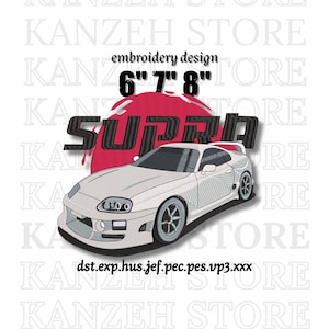 Puede incluir: Un diseño de bordado con un coche deportivo blanco con la palabra "SUPRA" en negro, sobre un fondo rojo. El diseño incluye el texto "6", "7", "8" y "embroidery design". Los formatos de archivo se enumeran en la parte inferior.