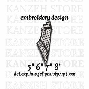 May include: An embroidery design featuring a black and white pattern in the shape of a country. The design includes the text "embroidery design" and measurements of 5", 6", 7", and 8".