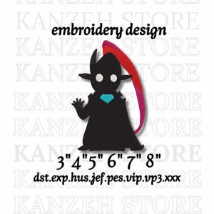 May include: Black cartoon character silhouette with a teal gem, red and pink accents, and the text "embroidery design." Sizes range from 7.6 cm to 20.3 cm.