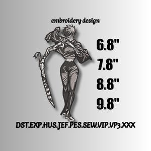 Puede incluir: Diseño de bordado de un personaje de anime con una espada. El diseño es en blanco y negro, con medidas de 17,3 cm, 19,8 cm, 22,4 cm y 24,9 cm. El texto "embroidery design" está en la parte superior.