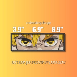 Może przedstawiać: Haftowana naszywka z motywem oka w stylu anime, z żółtymi i czarnymi detalami. Naszywka ma wymiary 9.9 cm x 17.5 cm x 22.6 cm. Tekst "embroidery design" znajduje się nad naszywką, a skróty typów plików poniżej.