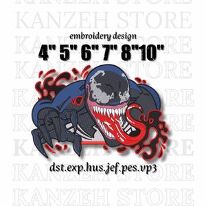 May include: An embroidery design featuring a stylized Venom character with a large mouth and long red tongue. The design includes the text "4" 5" 6" 7" 8" 10"" and "embroidery design".