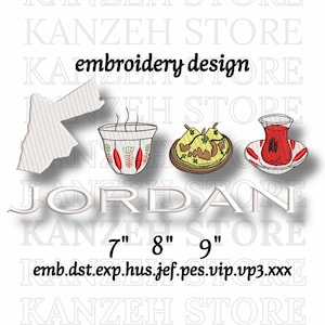 Puede incluir: Diseño de bordado con la palabra "JORDAN" en blanco, junto con imágenes de un mapa, una taza de café, comida y una taza de té. El diseño incluye el texto "embroidery design" y los tamaños 7", 8" y 9".