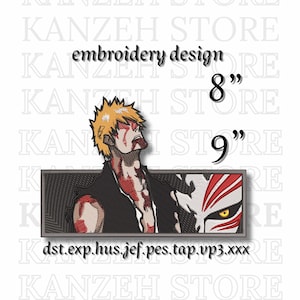 以下が含まれることがあります： とがった金髪と顔に血が付いたキャラクターと、背景に2人目のキャラクターの顔が描かれた刺繍デザイン。 デザインは約20cm x 23cmです。 テキスト「embroidery design」が上にあります。