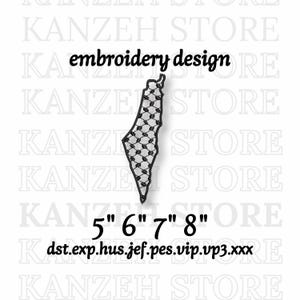 May include: An embroidery design featuring a black and white pattern in the shape of a country. The design is labeled "embroidery design" and includes size options of 5", 6", 7", and 8" in height.