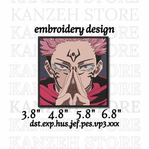 Peut inclure: Motif de broderie carré représentant un personnage aux cheveux roses, aux yeux rouges et aux marques faciales. Les mains du personnage sont jointes près du visage. Le motif est encadré en noir et comprend le texte "embroidery design". Le motif mesure 9.65cm x 12.19cm x 14.73cm x 17.27cm.