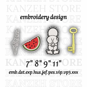 以下が含まれることがあります： 刺繍デザイン。スイカのスライス、鍵、人物、アラビア語のテキストのデザインが含まれています。 デザインには、17.78cm、20.32cm、22.86cm、27.94cmのサイズが含まれています。 上部には「embroidery design」の文字があります。