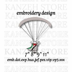 以下が含まれることがあります： パラシュートにパレスチナの旗が付いた人物を描いた刺繍デザイン。 デザインには「embroidery design」の文字と、17.78cm、20.32cm、22.86cm、27.94cmのサイズが含まれています。