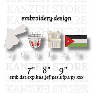 Op de afbeelding: Borduurontwerp met een kaart van Jordanië, een koffiekopje, een gebouw en de Jordaanse vlag. Het ontwerp bevat maten van 17,78 cm, 20,32 cm en 22,86 cm en verschillende bestandsformaten.