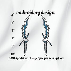 May include: Two embroidery designs of stylized daggers, each with a curved blade and detailed handle. The blades are white with blue accents. The text "embroidery design" is above the daggers. The image includes measurements from 4" to 10".